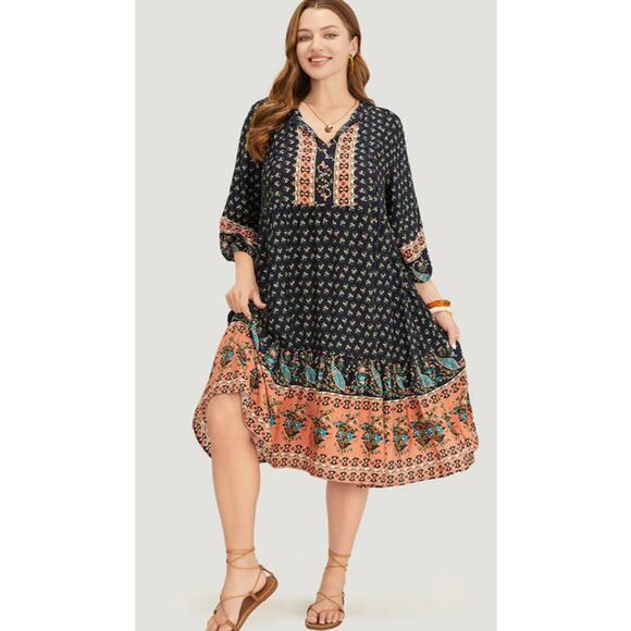 BloomChic Bandana Tassels Lantern Sleeve Ruffle Pocket Keyhole Neck Dress, NWT - Picture 1 of 7
